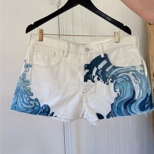 Anthropologie White and Blue Wave Print Jean Shorts
